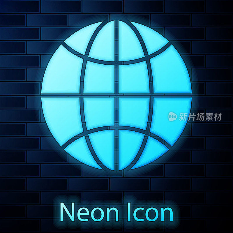Glowing neon Worldwide icon isolated on brick wall background. Pin on globe. Vector Illustration